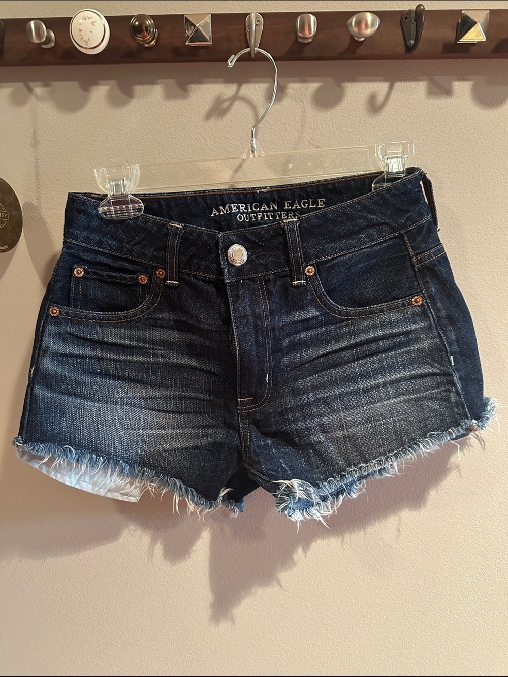 American Eagle Outfitters Dark Blue Frayed Hem Denim Shorts
